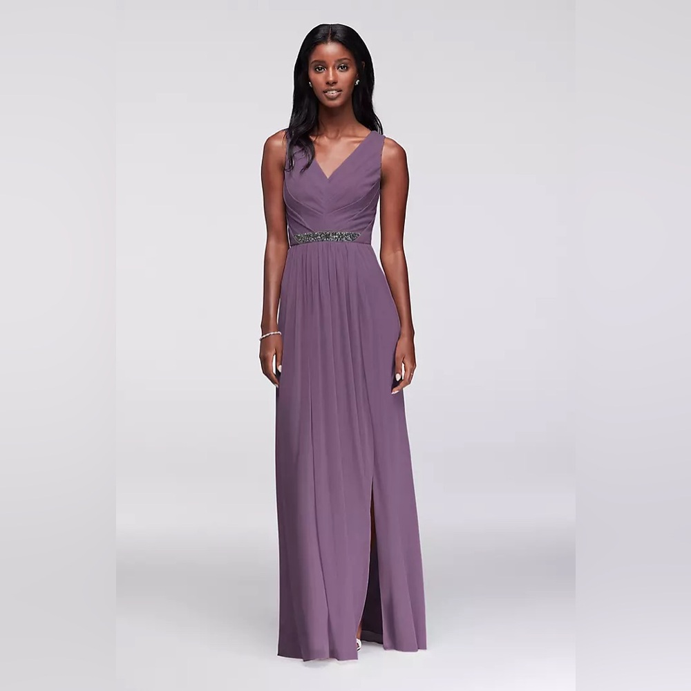 David's Bridal Wisteria Purple V-Neck Maxi Gown Ethereal Modest Neckline Empire